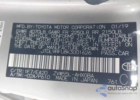 2019 Toyota Prius Xle z USA, uszkodzony, nr VIN JTDL9RFU8K3001626